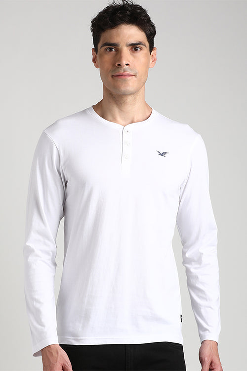 White Solid Jersey Chest logo Long sleeve Henley
