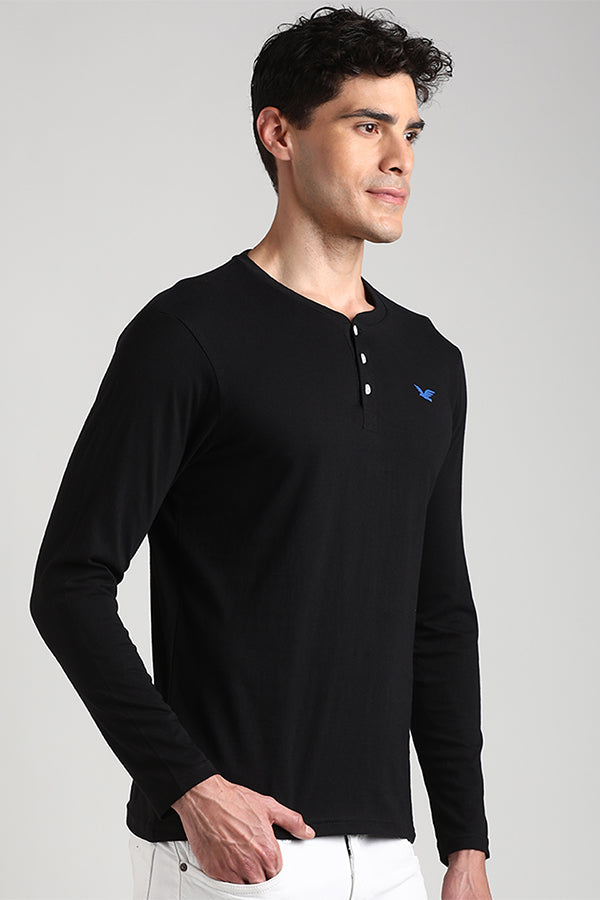 Black Solid Jersey Chest logo Detail Long sleeve Henley