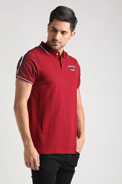 Burgundy Pique Polo with Shoulder Stripe Chest Graphic