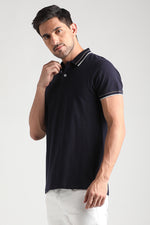 Navy Blue Pique solid Polo with Jacquard collar