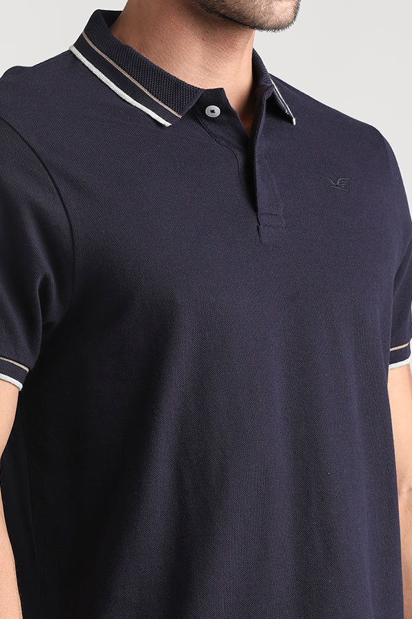 Navy Blue Pique solid Polo with Jacquard collar
