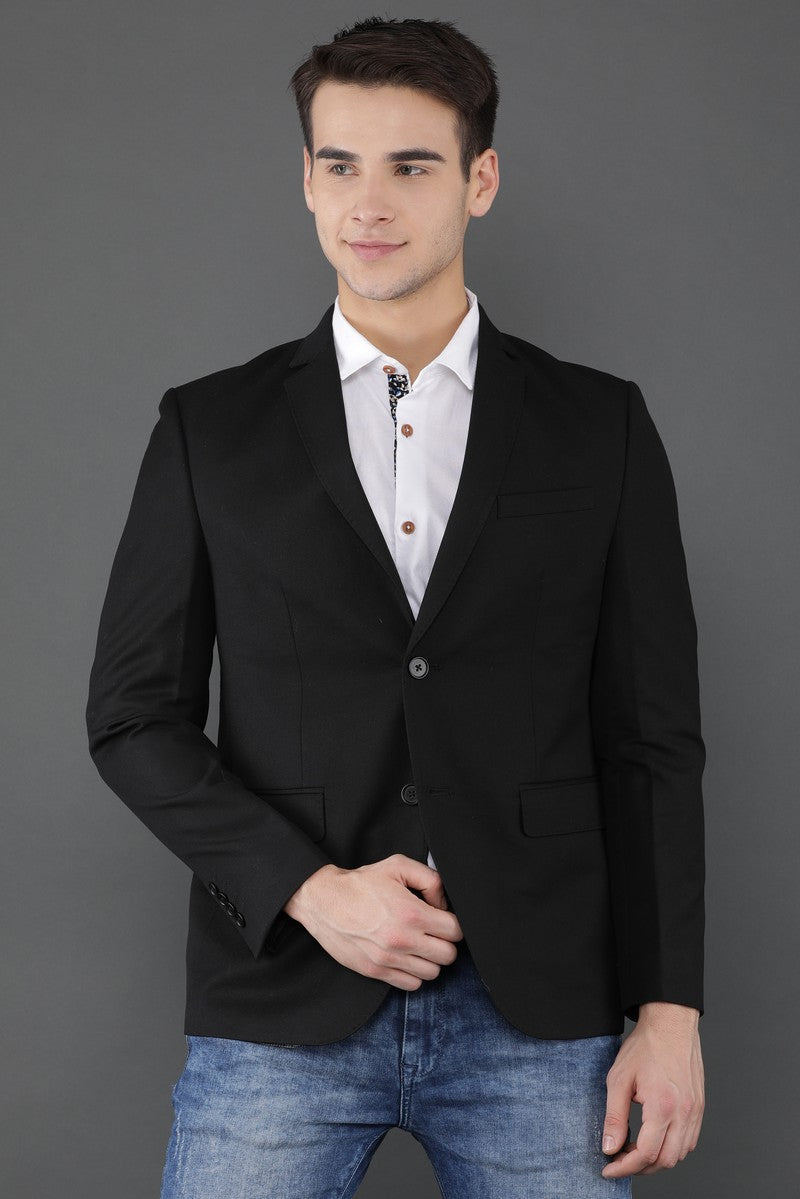 Notched Lapel Black Solid Knitted Casual Blazer