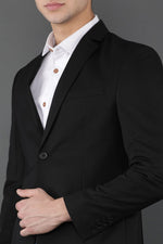 Notched Lapel Black Solid Knitted Casual Blazer