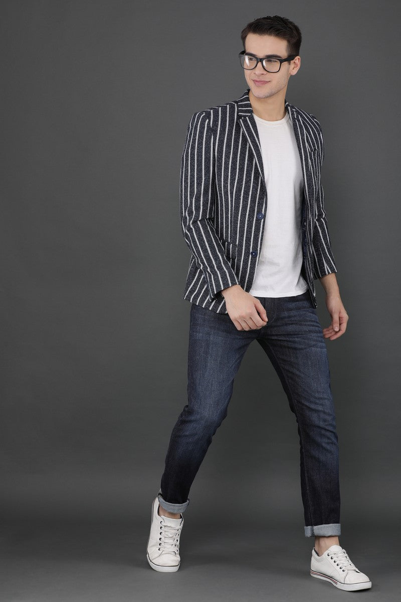 Notched Lapel Navy Striped Knitted Casual Blazer