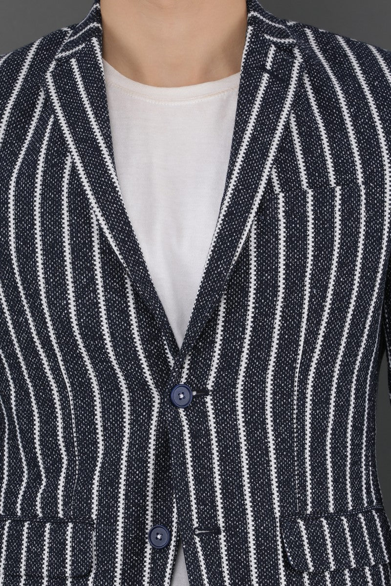Notched Lapel Navy Striped Knitted Casual Blazer