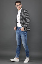 Notched Lapel Black Striped Knitted Casual Blazer