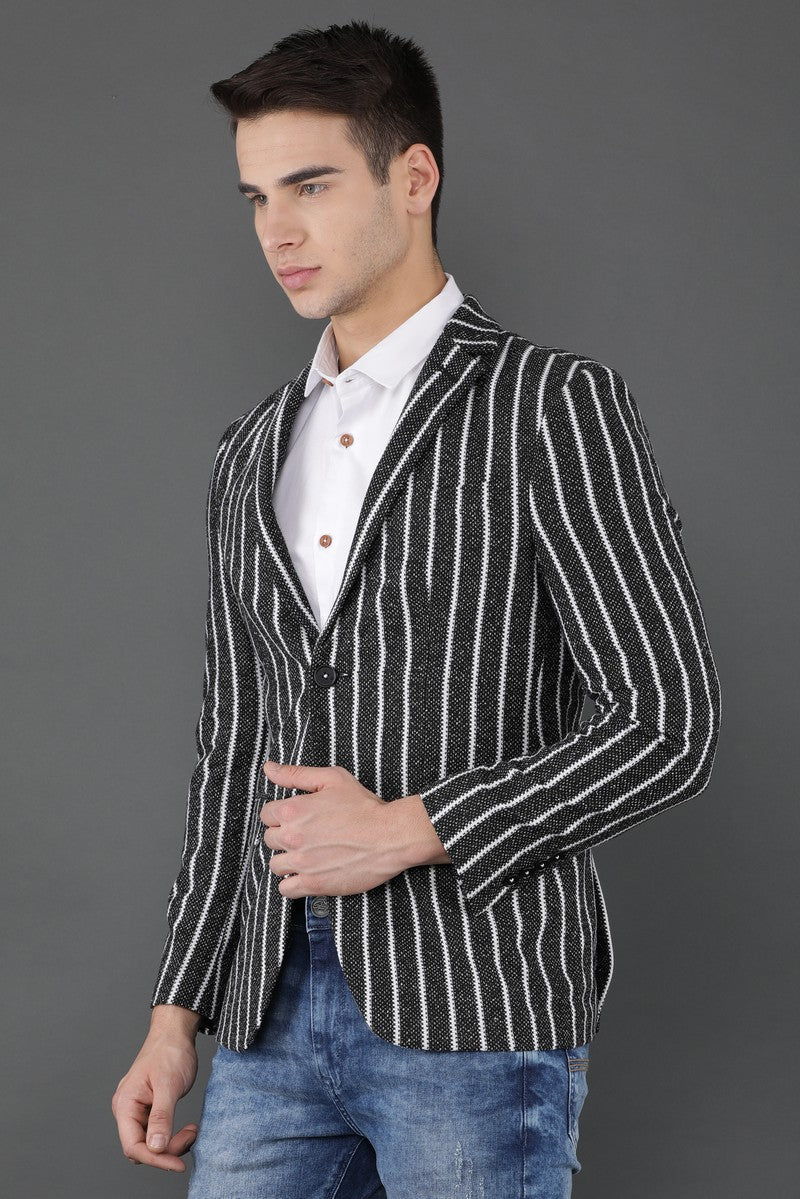 Notched Lapel Black Striped Knitted Casual Blazer
