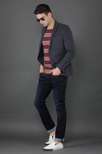 Notched Lapel Navy Knitted Casual Blazer