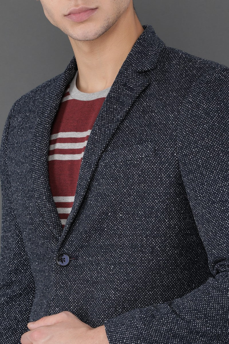 Notched Lapel Navy Knitted Casual Blazer