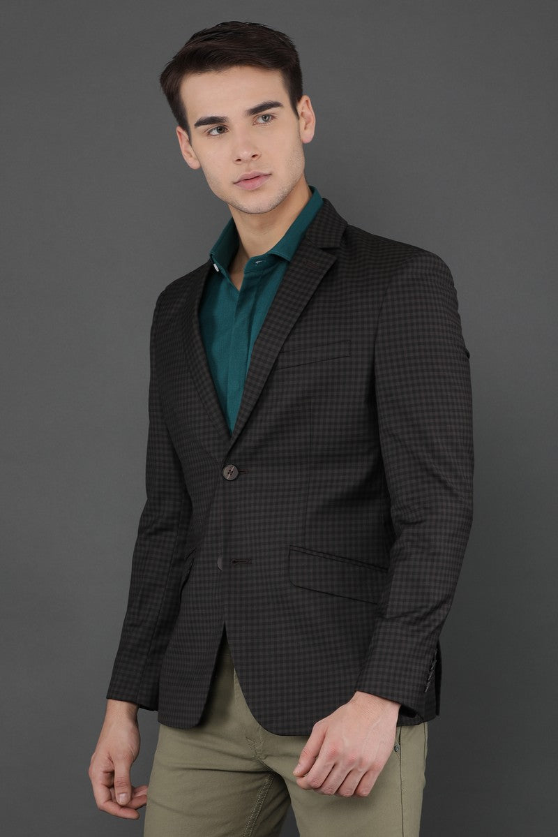 Notched Lapel Olive Brown Checkered Casual Blazer